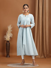 Gray Embroidered Cotton Gathered Kurta