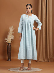 Gray Embroidered Cotton Gathered Kurta