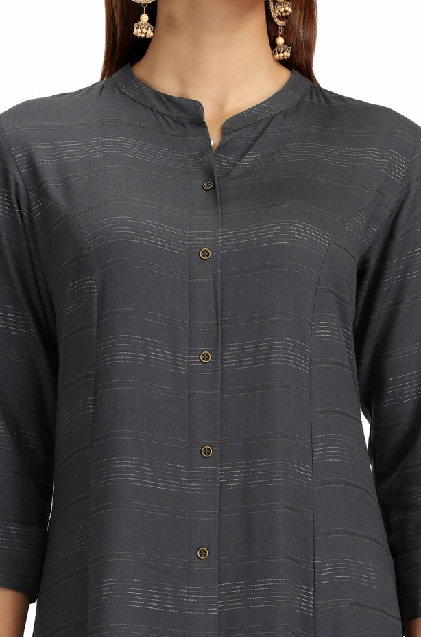 Gray Jari Stripe Solid A Line Kurta