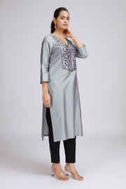 Gray PolySilk Embroidered Straight Kurta