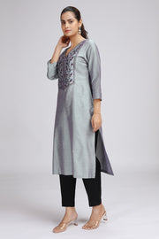 Gray PolySilk Embroidered Straight Kurta
