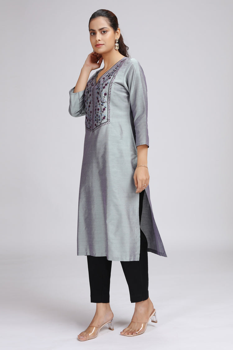 Gray PolySilk Embroidered Straight Kurta