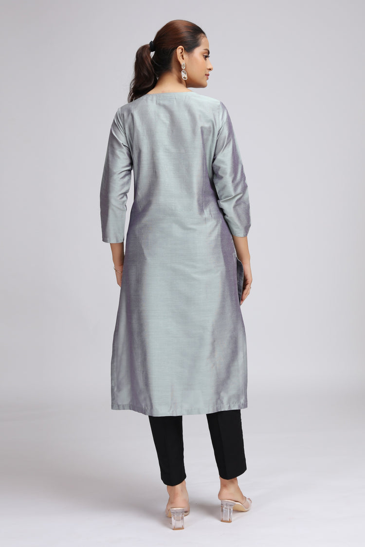Gray PolySilk Embroidered Straight Kurta