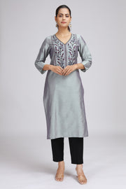 Gray PolySilk Embroidered Straight Kurta