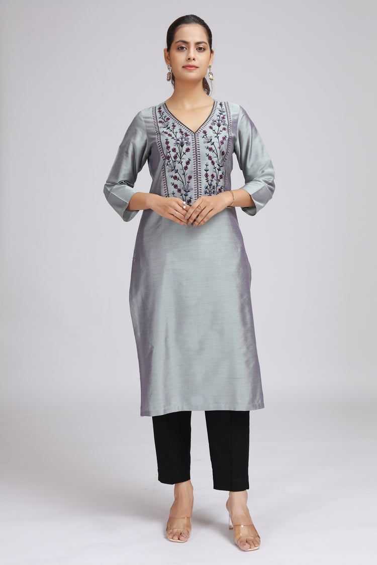 Gray PolySilk Embroidered Straight Kurta
