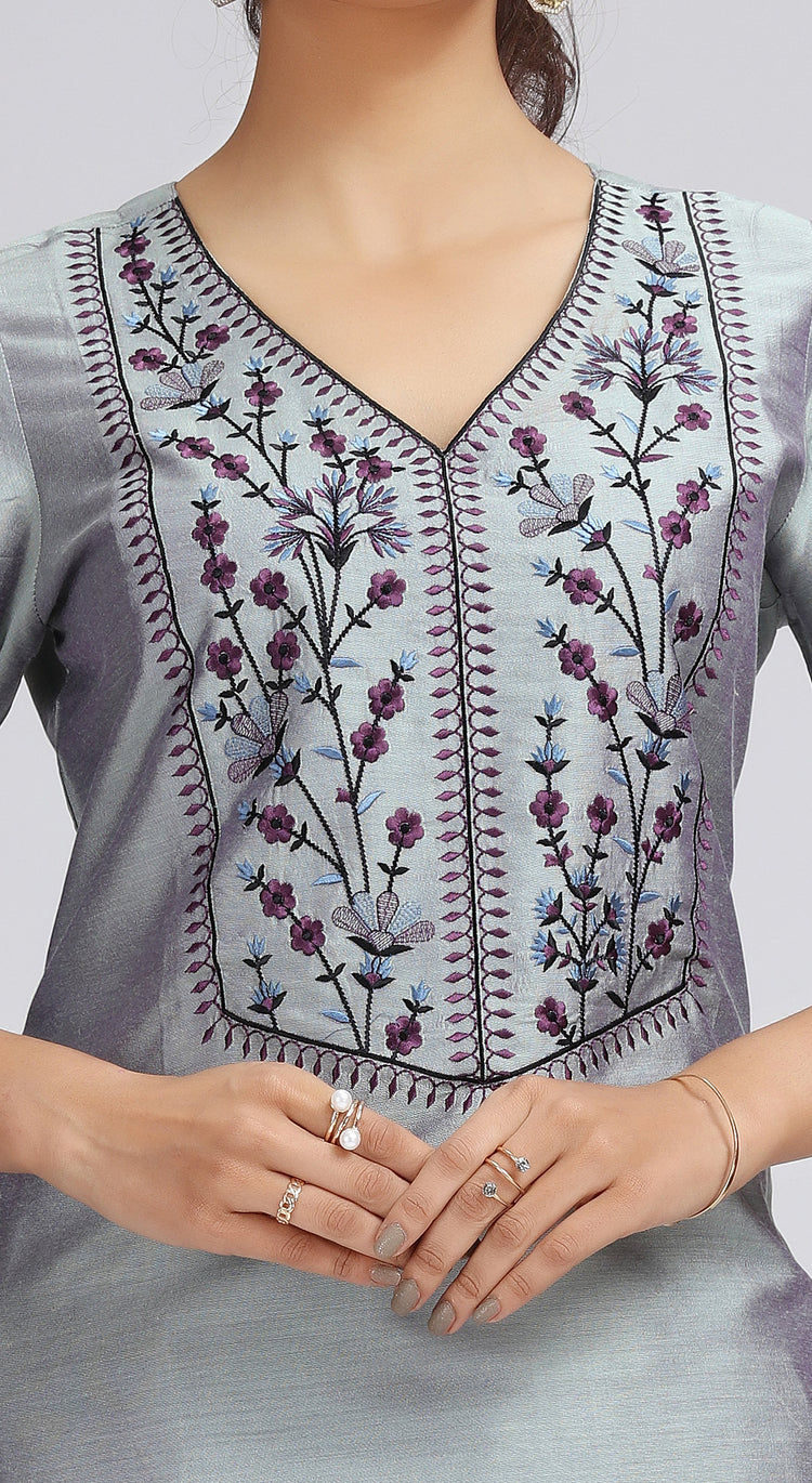 Gray PolySilk Embroidered Straight Kurta