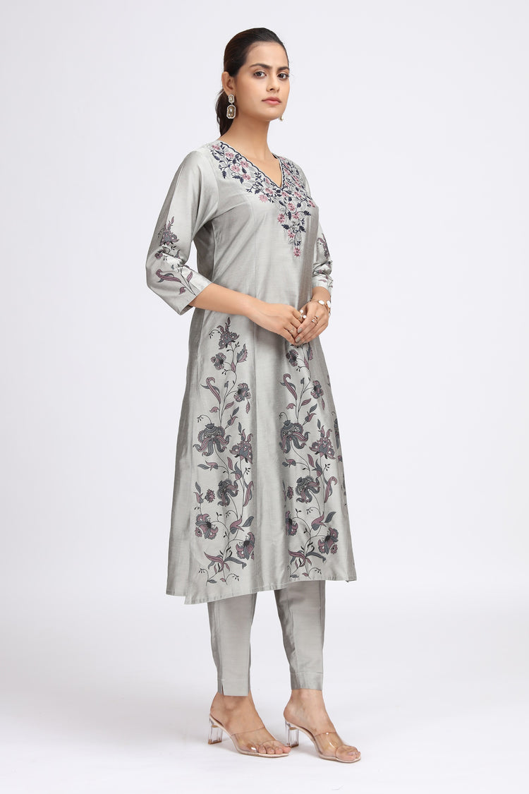 Gray PolySilk Embroidered Straight Kurta Pant Co ord Set