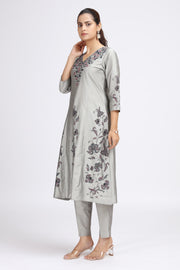 Gray PolySilk Embroidered Straight Kurta Pant Co ord Set