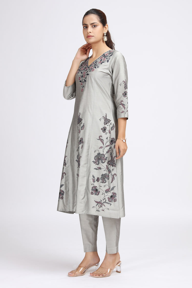 Gray PolySilk Embroidered Straight Kurta Pant Co ord Set