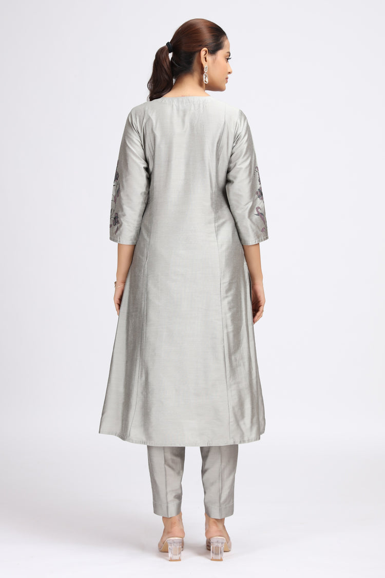 Gray PolySilk Embroidered Straight Kurta Pant Co ord Set