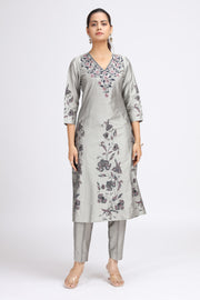 Gray PolySilk Embroidered Straight Kurta Pant Co ord Set