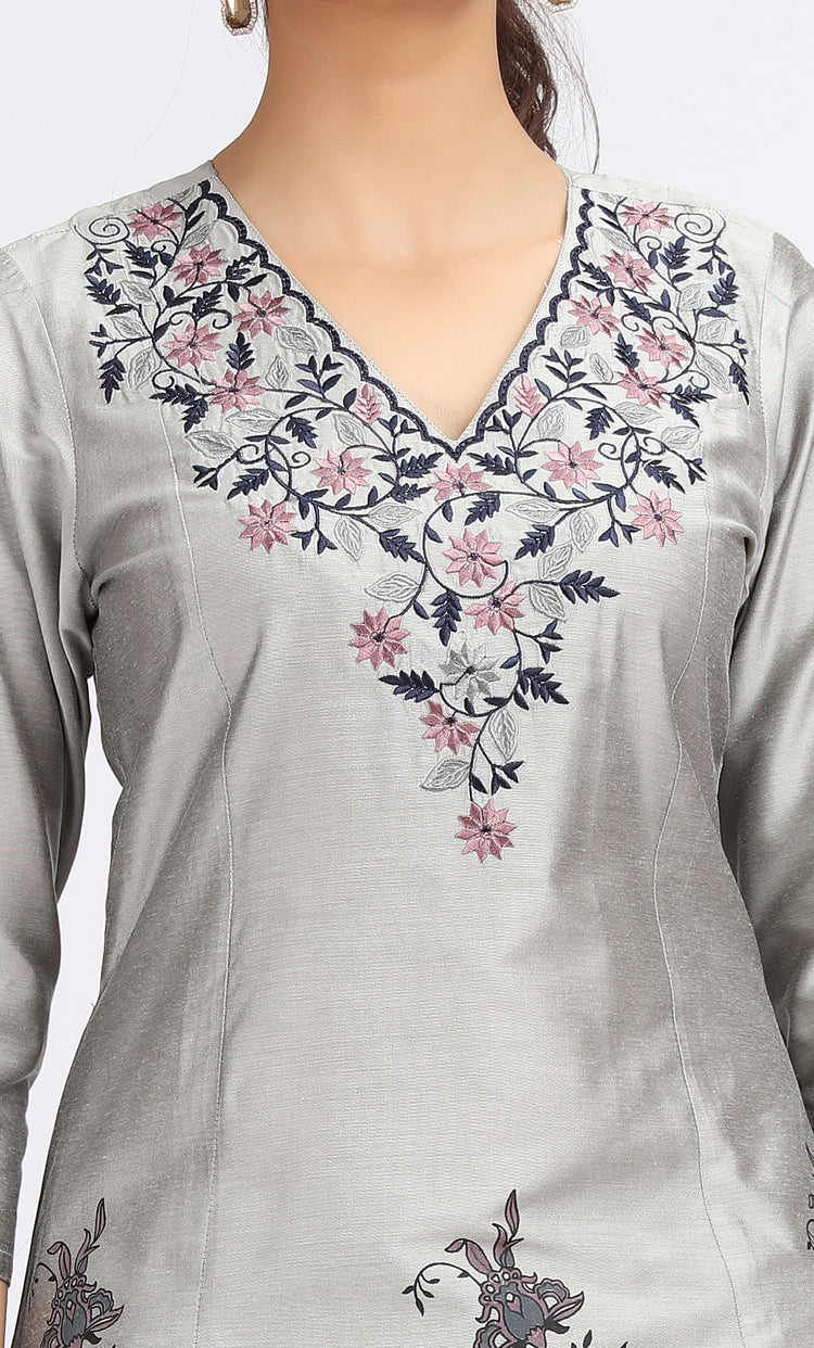 Gray PolySilk Embroidered Straight Kurta Pant Co ord Set