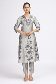 Gray PolySilk Embroidered Straight Kurta Pant Co ord Set