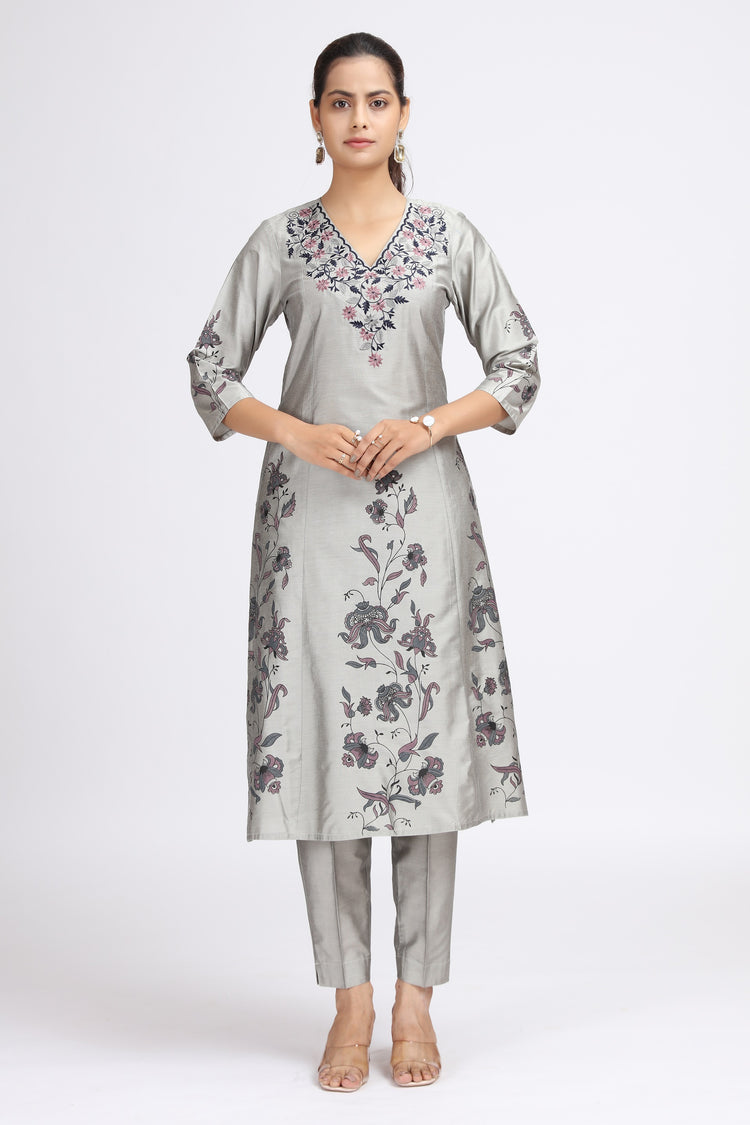 Gray PolySilk Embroidered Straight Kurta Pant Co ord Set