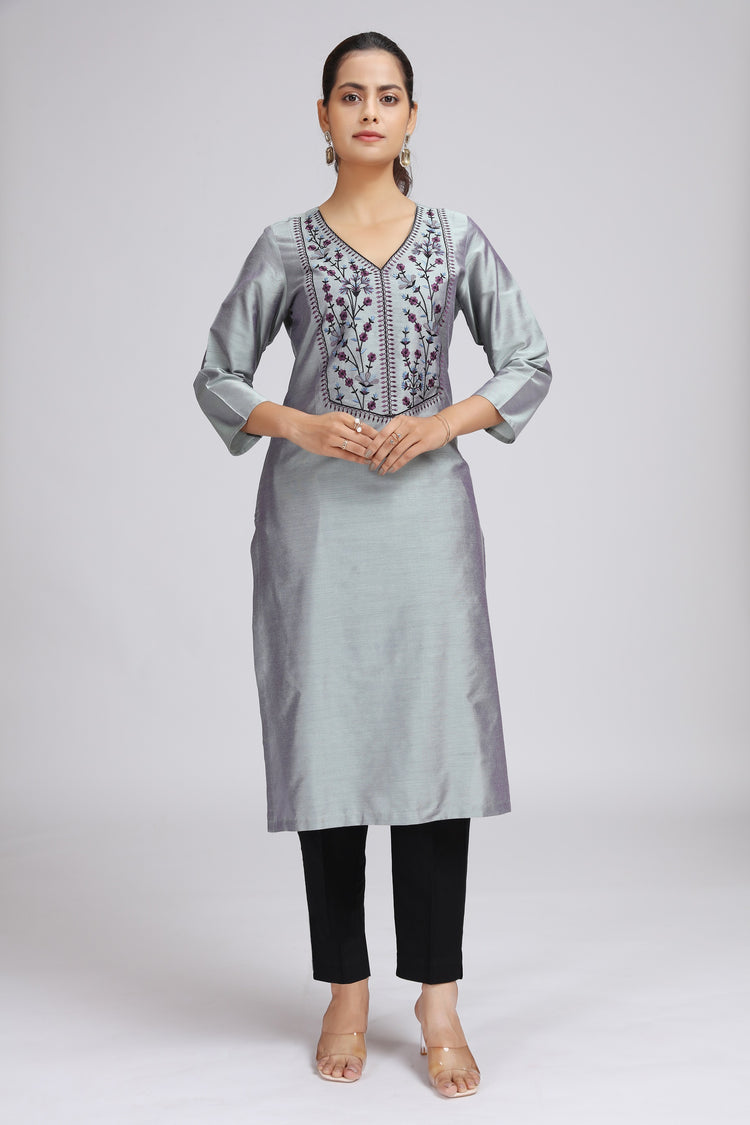 Gray PolySilk Embroidered Straight Kurta
