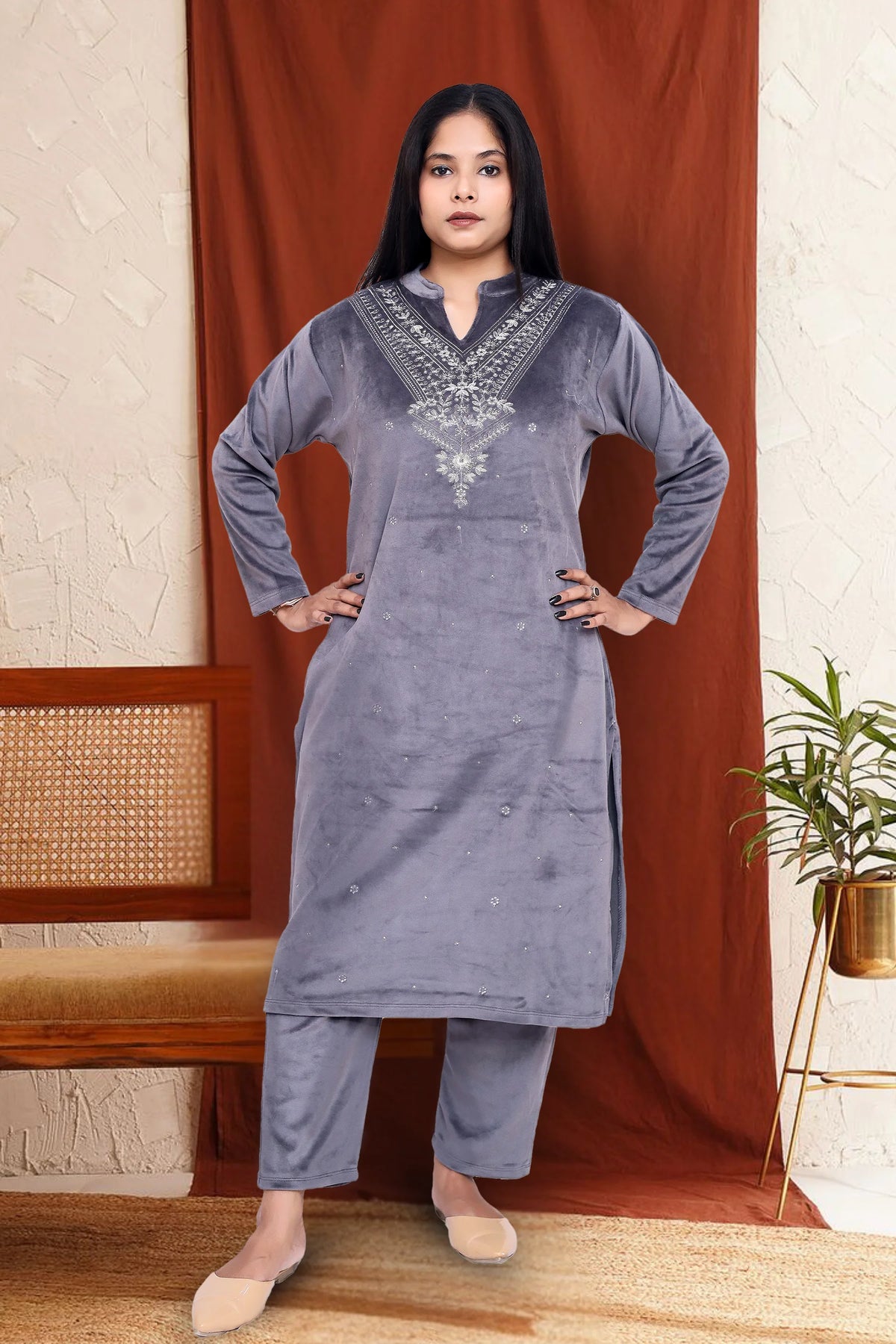 Gray Velvet Straight Embroidered Kurta Pant Suit Set