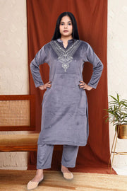 Gray Velvet Straight Embroidered Kurta Pant Suit Set
