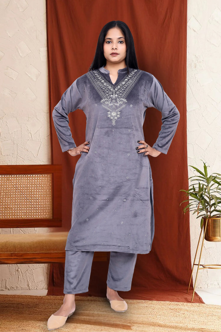 Gray Velvet Straight Embroidered Kurta Pant Suit Set
