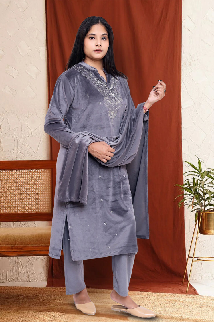 Gray Velvet Straight Embroidered Kurta Pant Suit Set