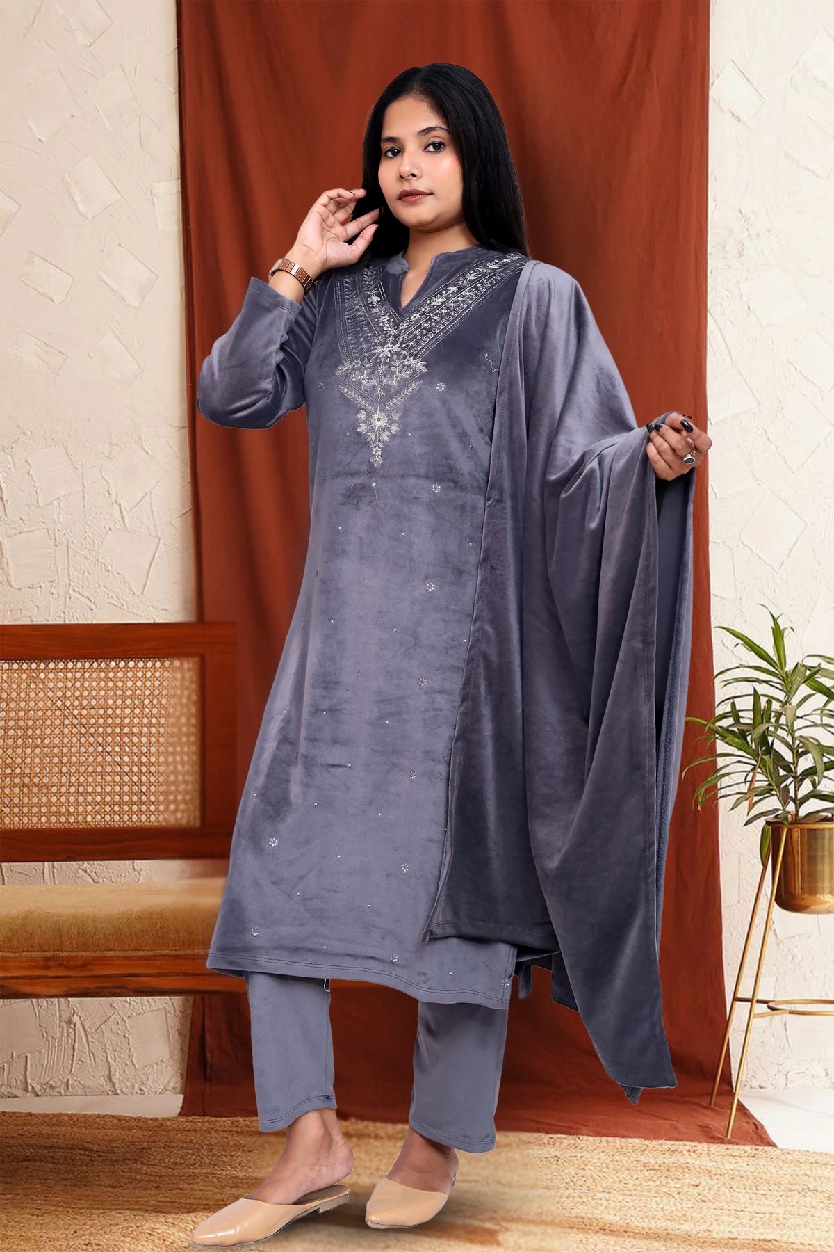 Gray Velvet Straight Embroidered Kurta Pant Suit Set