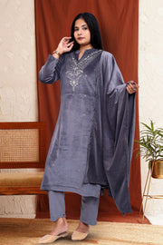 Gray Velvet Straight Embroidered Kurta Pant Suit Set