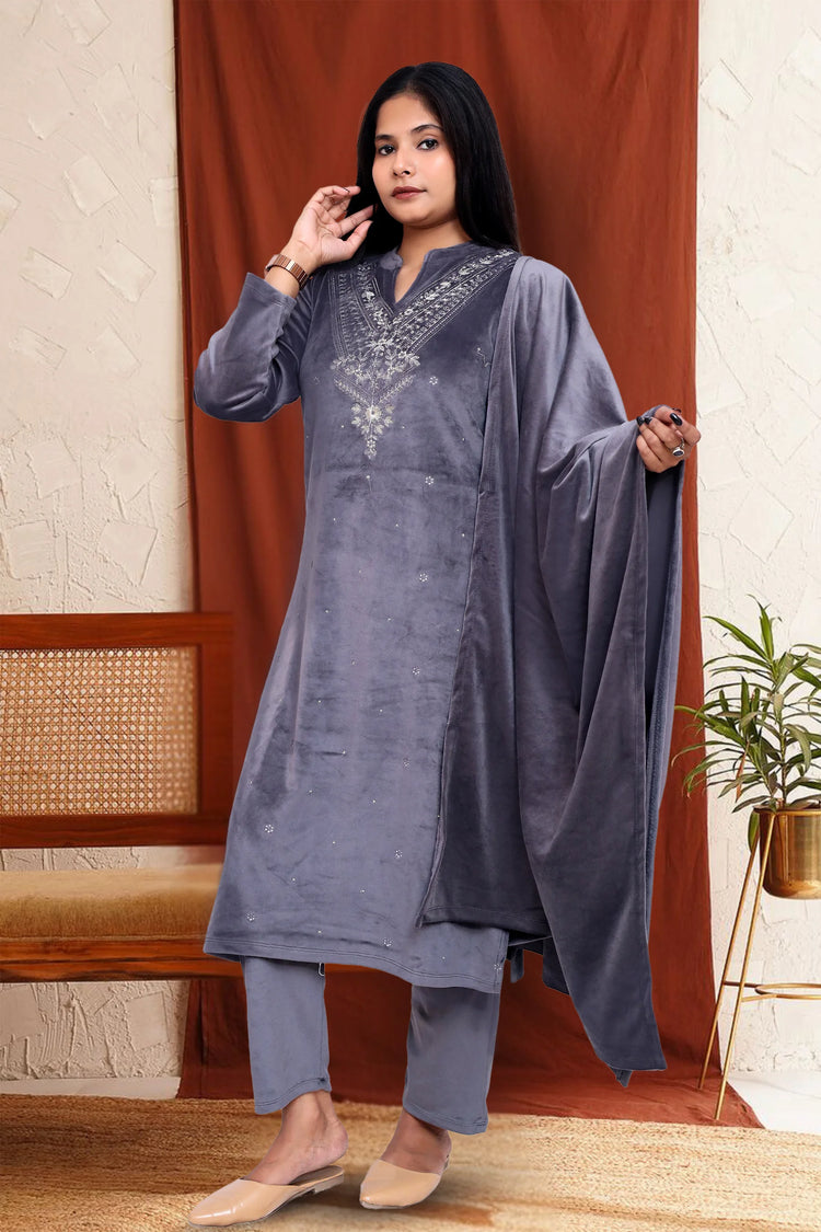 Gray Velvet Straight Embroidered Kurta Pant Suit Set