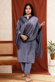 Gray Velvet Straight Embroidered Kurta Pant Suit Set