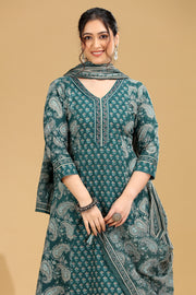 Green Printed A-Line Cotton Ethnic Set