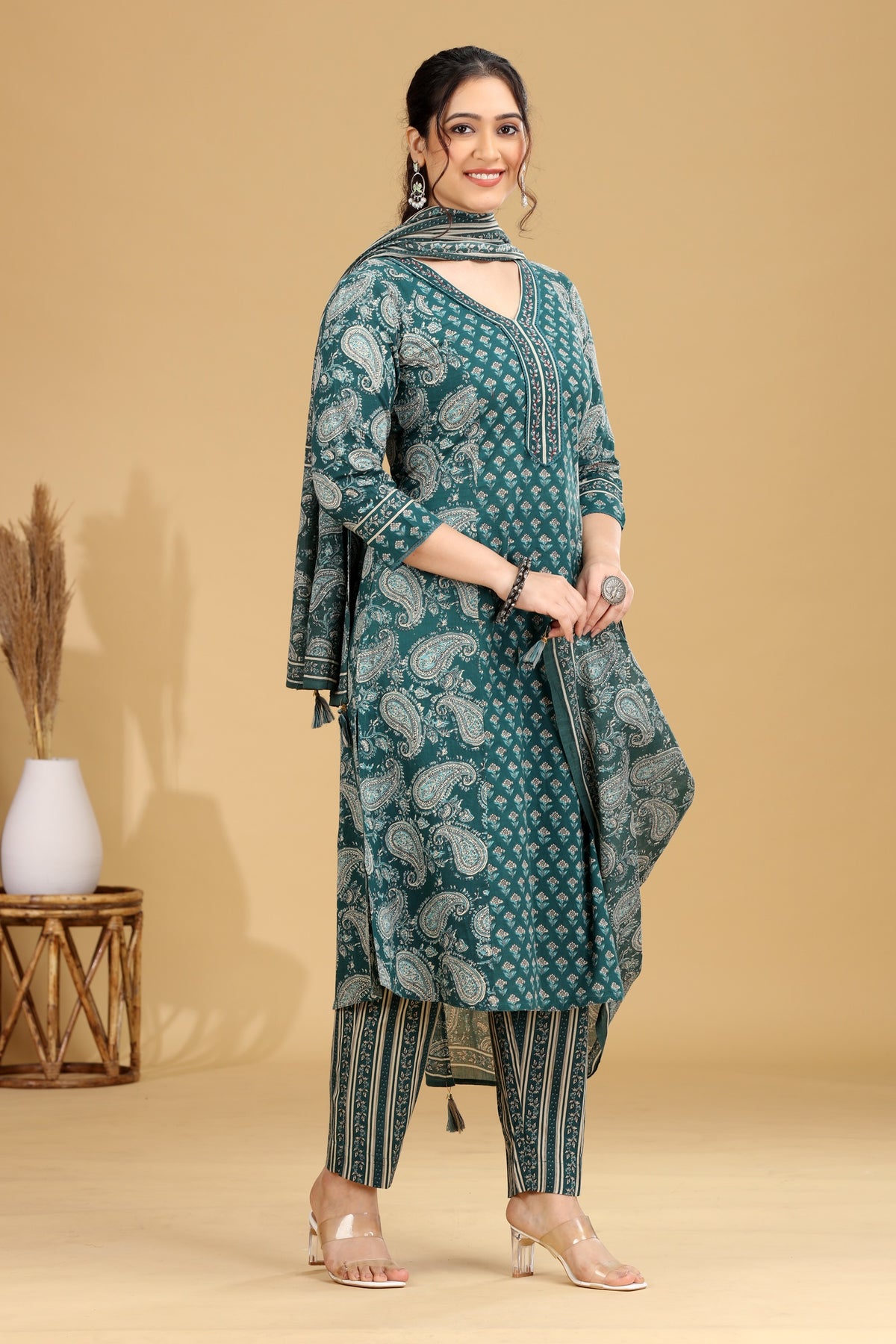 Green Printed A-Line Cotton Ethnic Set