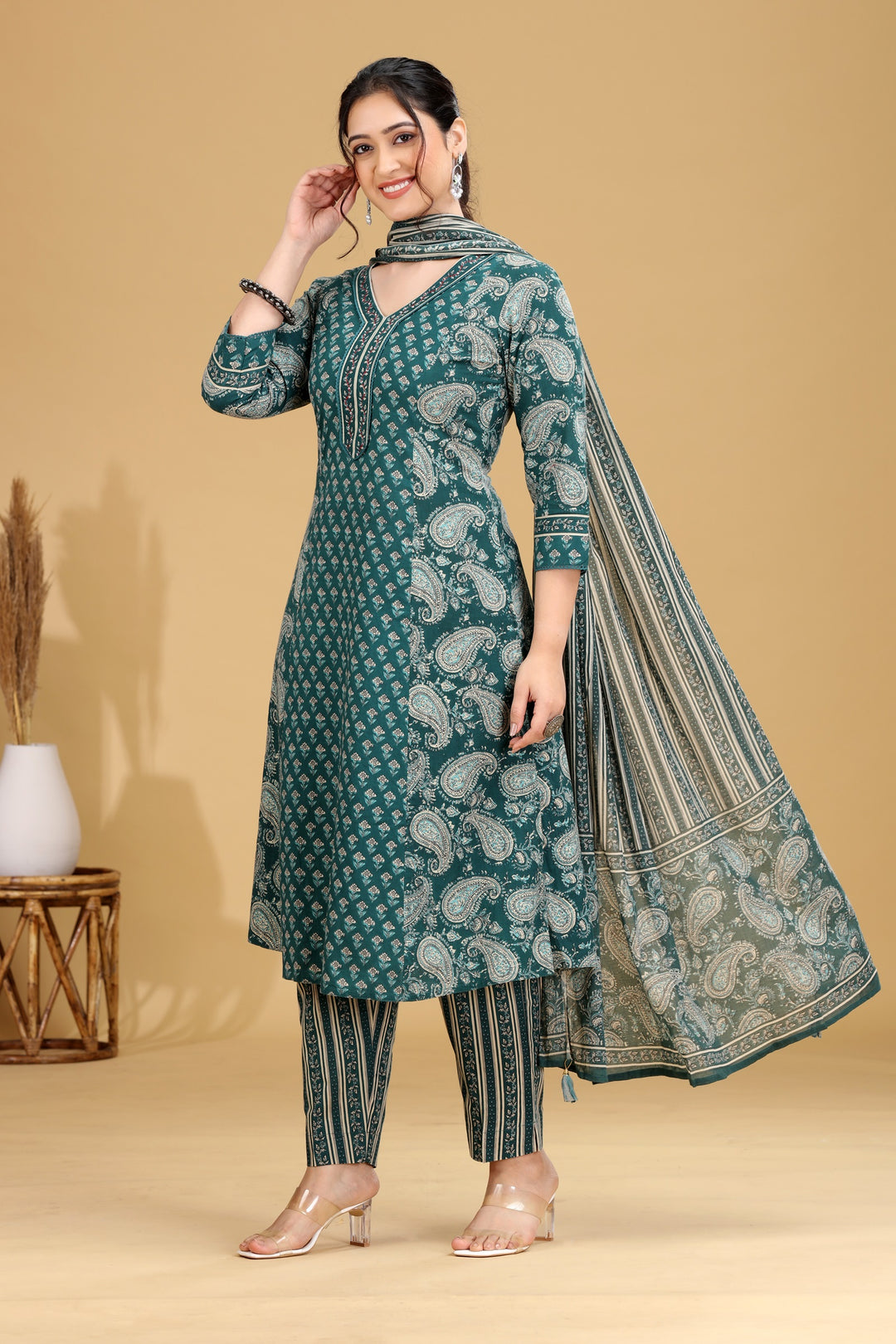 Green Printed A-Line Cotton Ethnic Set