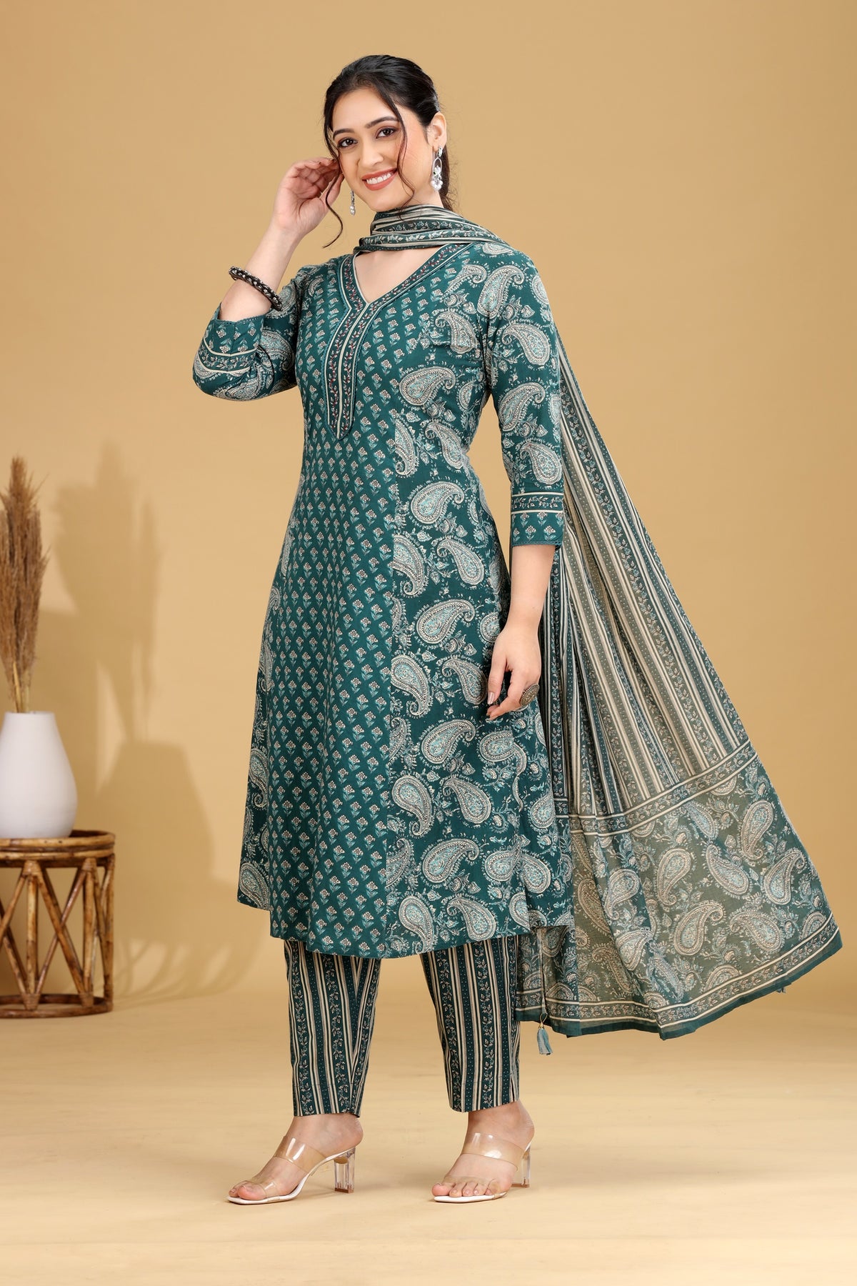 Green Printed A-Line Cotton Ethnic Set