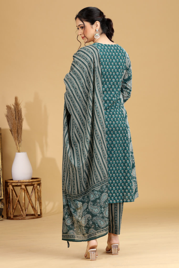 Green Printed A-Line Cotton Ethnic Set