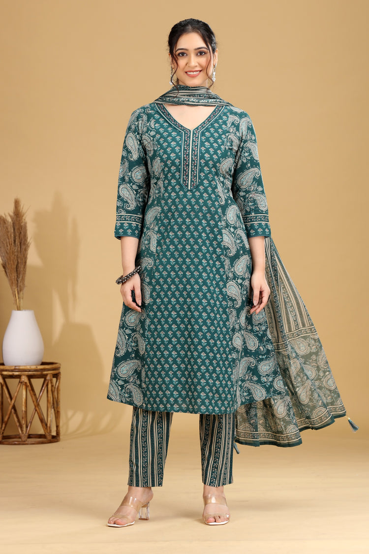 Green Printed A-Line Cotton Ethnic Set