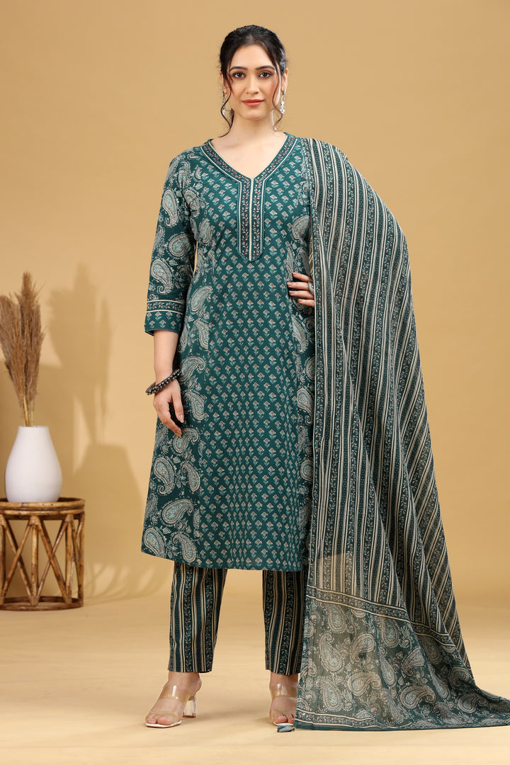 Green Printed A-Line Cotton Ethnic Set