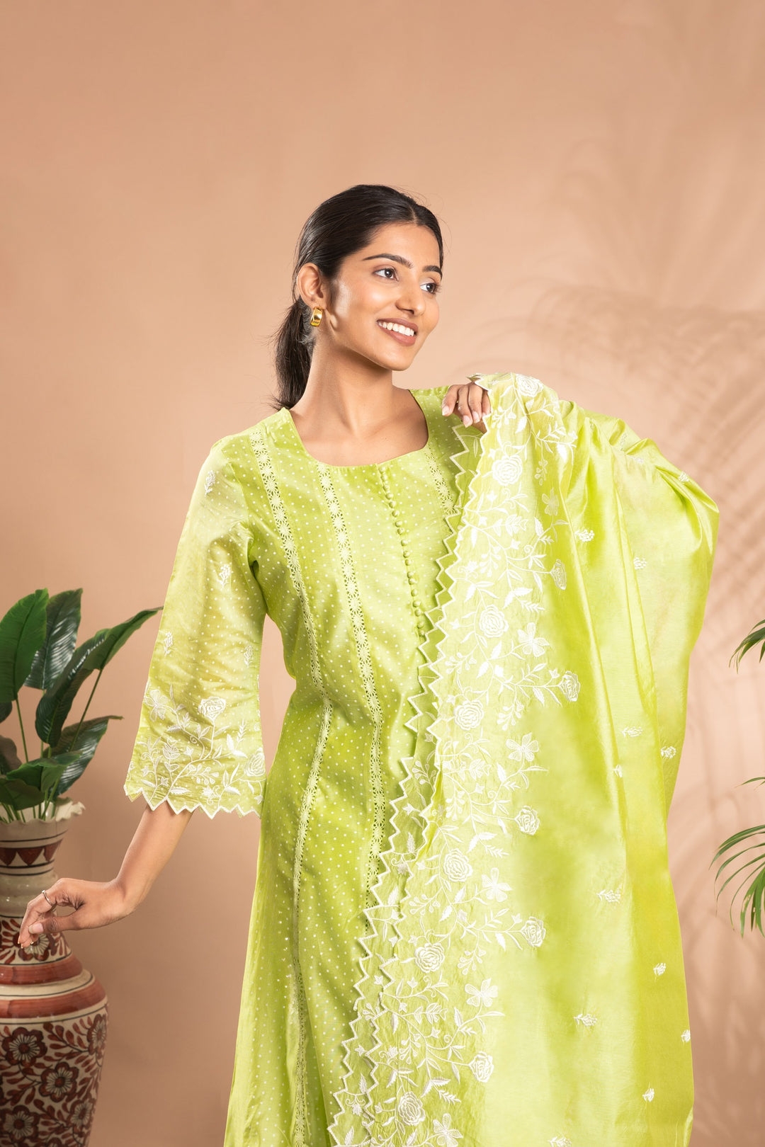 Green Embroidered A-Line Ethnic Set