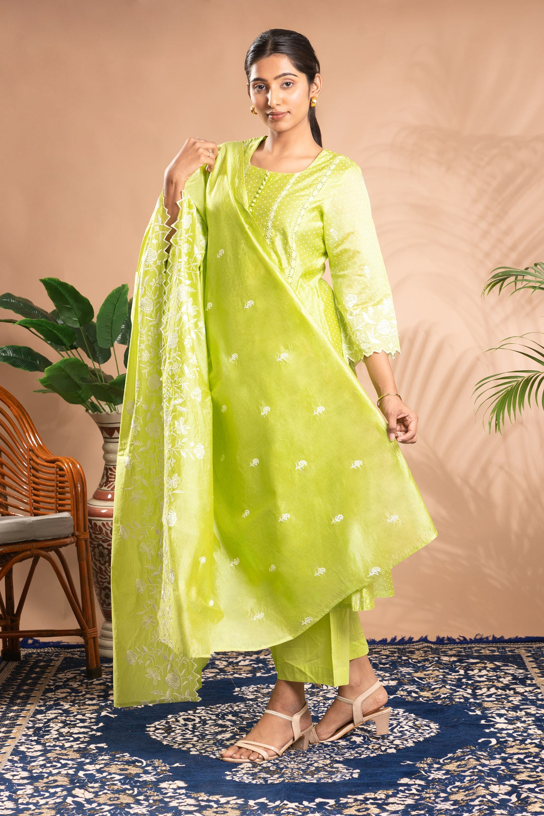 Green Embroidered A-Line Ethnic Set