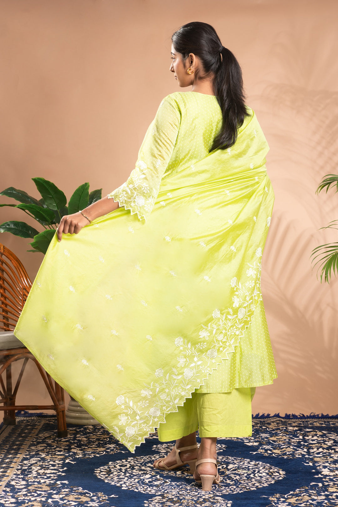 Green Embroidered A-Line Ethnic Set
