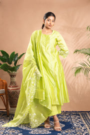Green Embroidered A-Line Ethnic Set