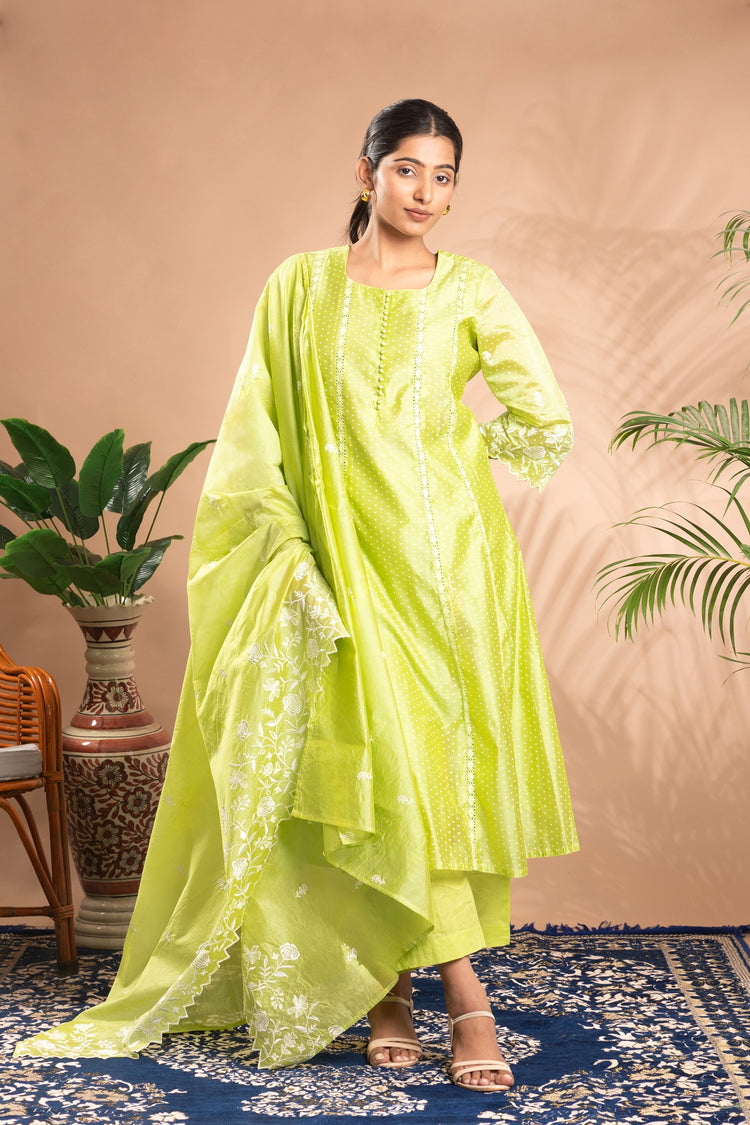 Green Embroidered A-Line Ethnic Set