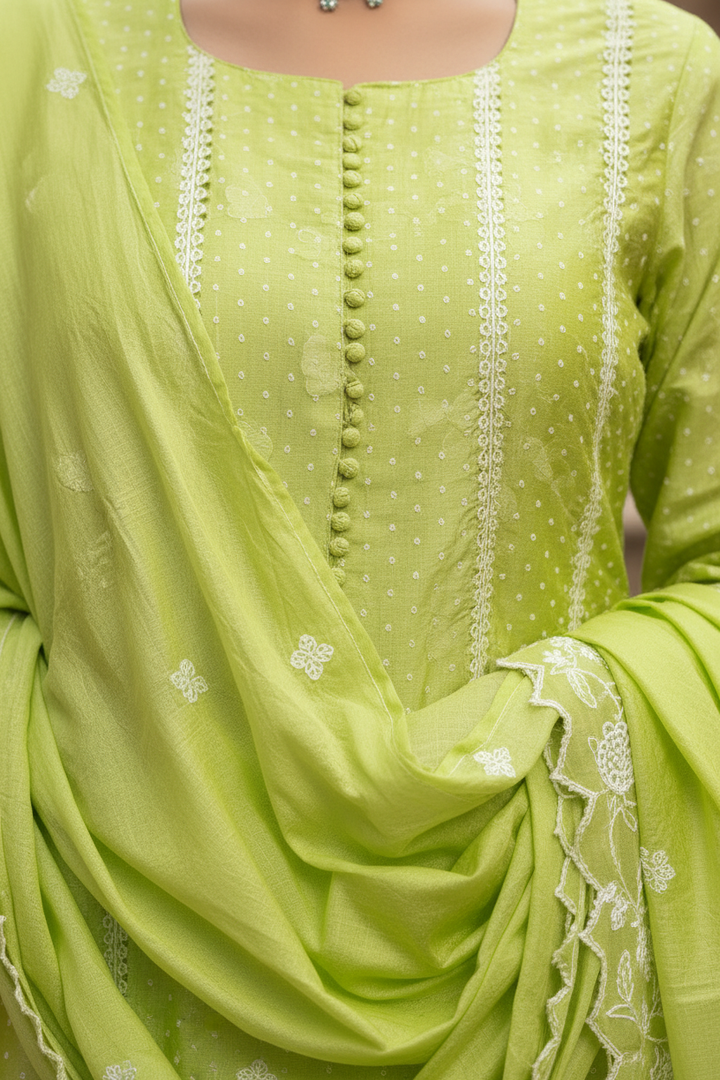 Green Embroidered A-Line Ethnic Set