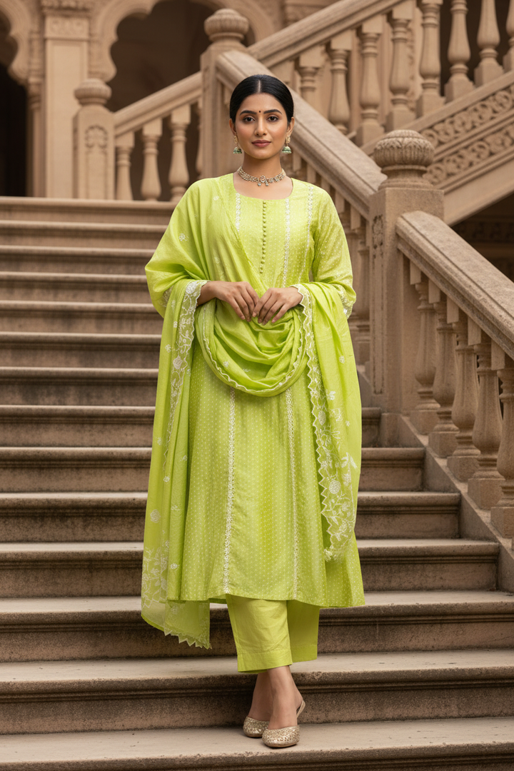 Green Embroidered A-Line Ethnic Set
