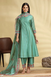 Green Embroidered Chanderi A Line Kurta Pant Dupatta Suit Set for women