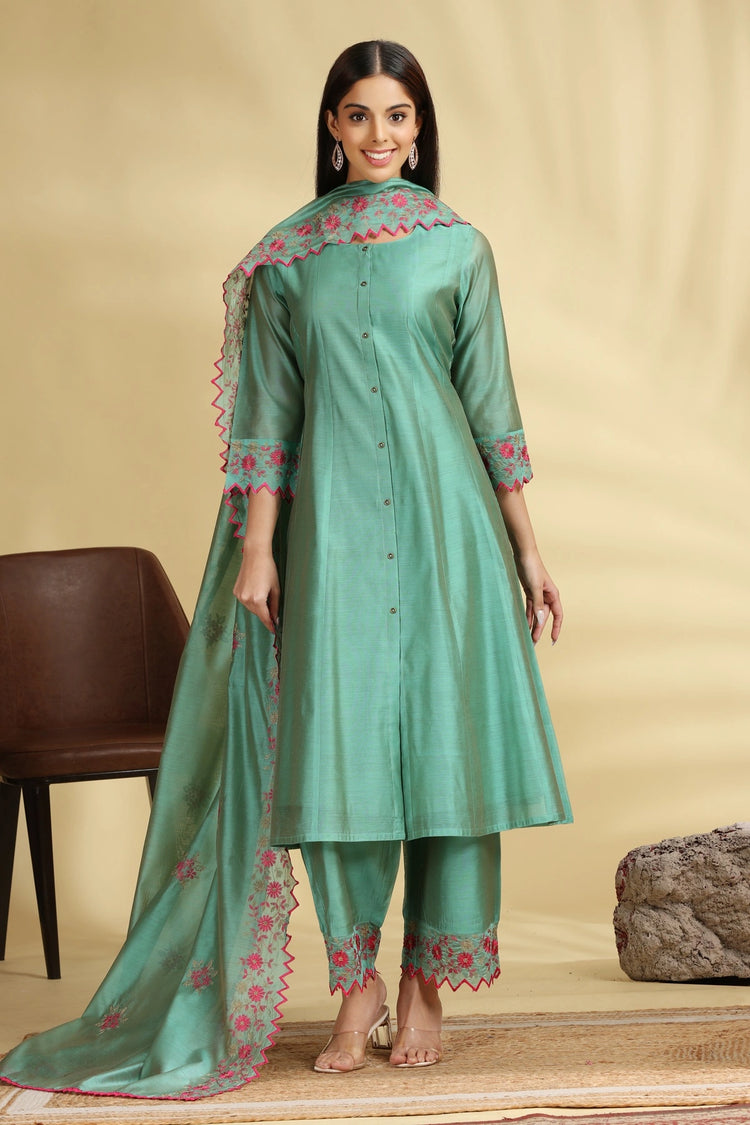 Green Embroidered Chanderi A Line Kurta Pant Dupatta Suit Set for women