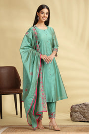 Green Embroidered Chanderi A Line Kurta Pant Dupatta Suit Set for women
