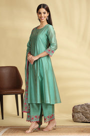 Green Embroidered Chanderi A Line Kurta Pant Dupatta Suit Set for women
