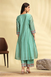 Green Embroidered Chanderi A Line Kurta Pant Dupatta Suit Set for women