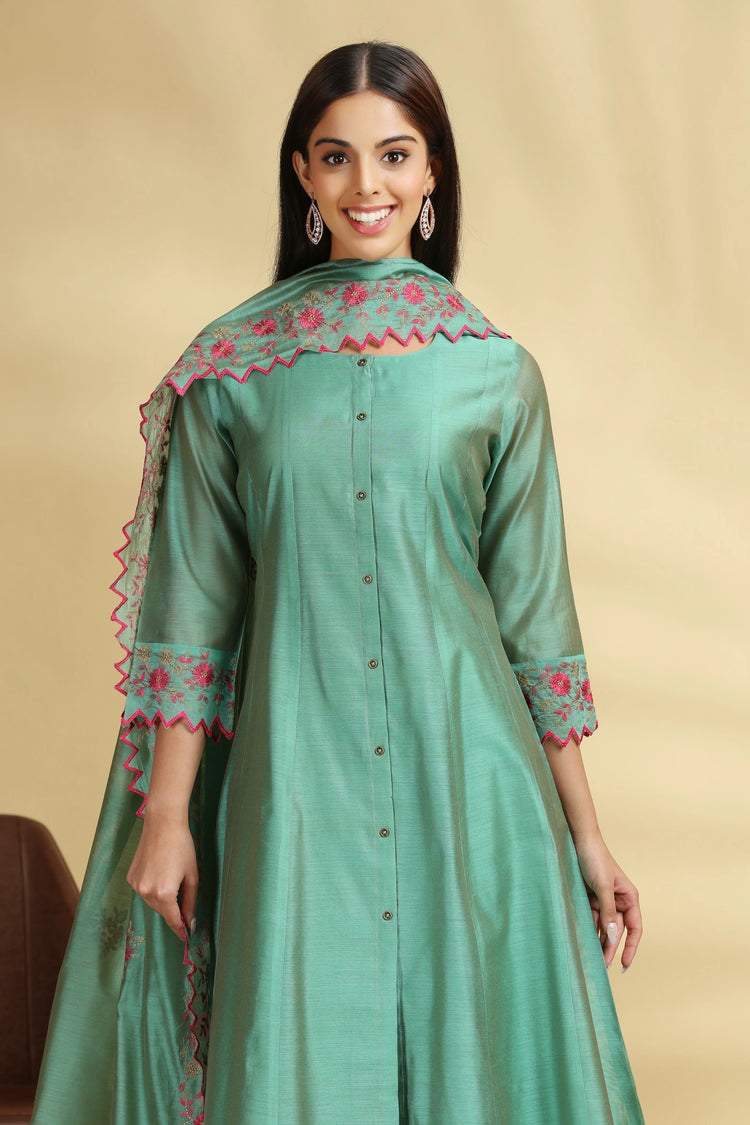 Green Embroidered Chanderi A Line Kurta Pant Dupatta Suit Set for women
