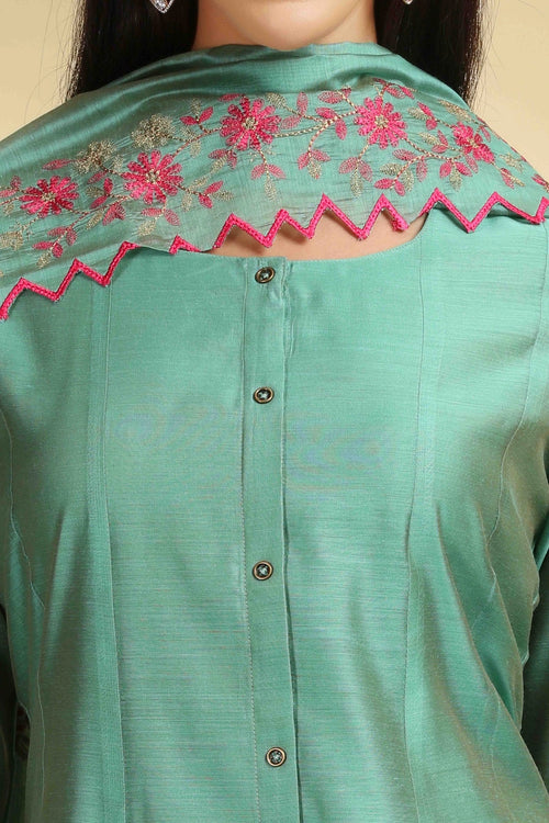 Green Embroidered Chanderi A Line Kurta Pant Dupatta Suit Set for women