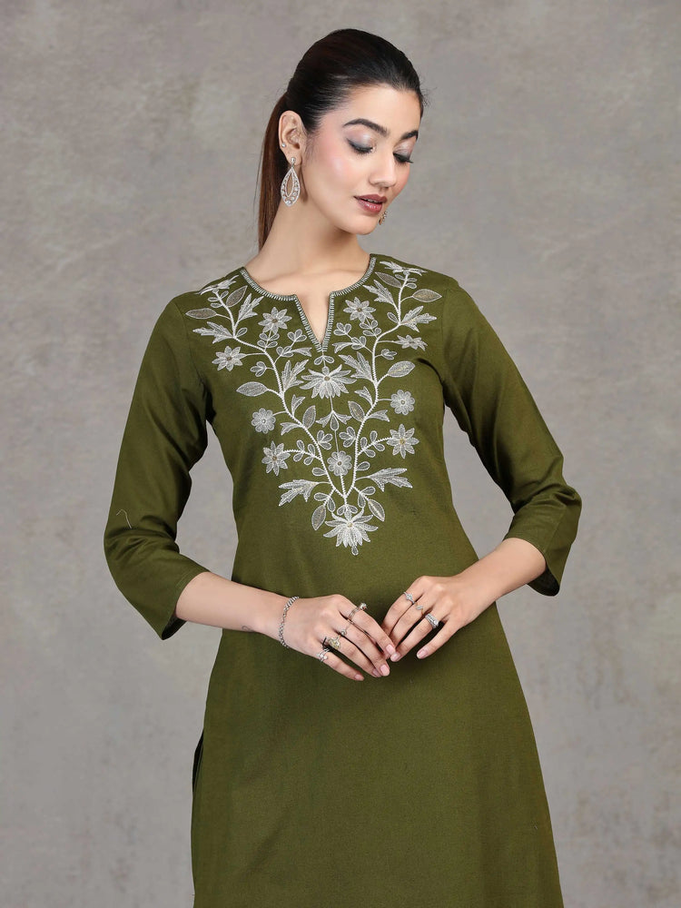 Green Embroidered Cotton Straight Co-ord Set