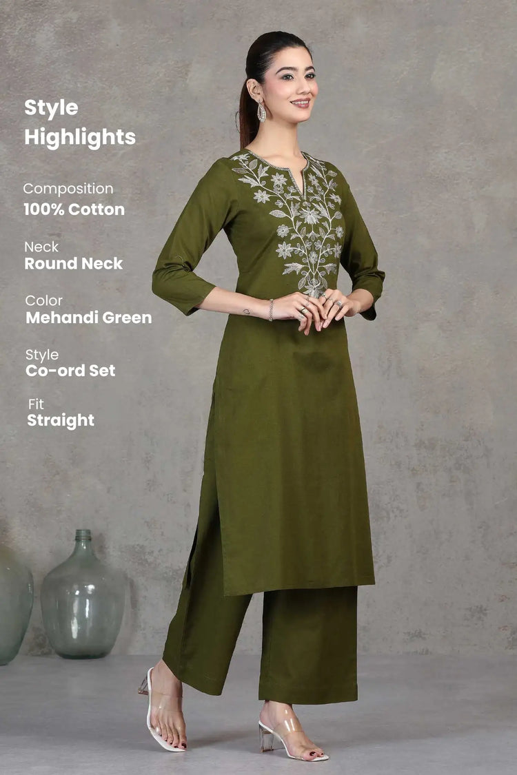 Green Embroidered Cotton Straight Co-ord Set